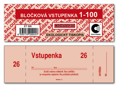 Baloušek bločkové vstupenky - 133 x 39 mm / 1-100 / 4 odstíny barev / ET300