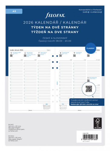 Náhradní vložka do diářů Filofax - kalendář A5 týdenní / 2 strany