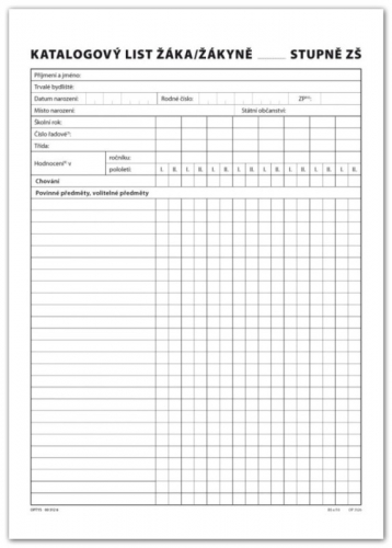 Katalogový list žáka univerzální pro 1. nebo 2. stupeň A4