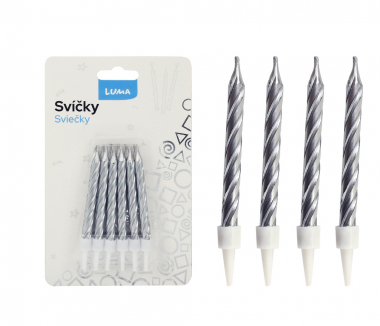 Svíčka dortová - stříbrná / 12 ks + stojánky